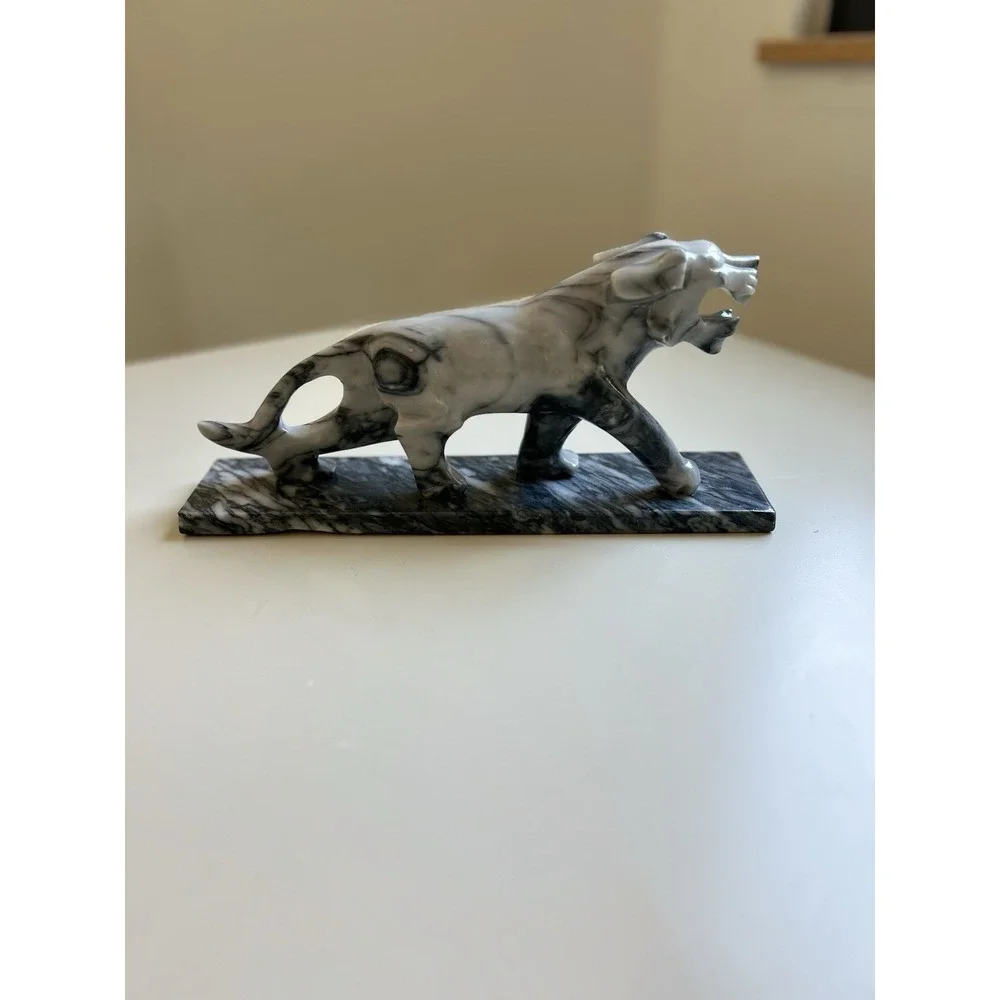 Vintage Marble Panther Statue Black White Stone Sculpture Mid Century Modern